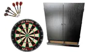 TEX PRO Dart Board and Tex Darts Black Dart Board Cabinet with Storage Drawer