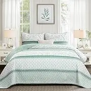 Quilt Set King Size, Green Striped Quilt King Boho Patchwork Leaves Printed Bedspread Coverlet Set with 2 Pillowcases, 3 Piece Soft Lightweight Microfiber Quilt Bedding Set for All Season (104"x90")