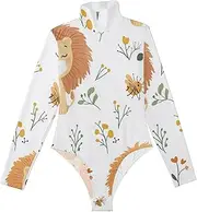 [voucong] Cute Lion White long sleeve Body Suits Women Shapewear Tummy Control Cute Tops for Women Going Out High-Neck Medium size, Cute Lion White