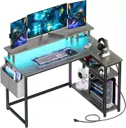 L Shaped Desk with Power Outlets & LED Lights, Computer Desk with Long Monitor S