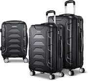 [Wanderlite] 3-Piece Luggage Set (20"/24"/28"), Hard Shell ABS Suitcases with TSA Lock, 360° Spinner Wheels - Black