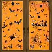4 Sheets Halloween Window Cling Sticker Decals Decorations Double Side, Creative Spider Web Bat Static Stickers for Store Window Display and Halloween Decor