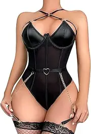 [Generic] Bustier Corset with Bling Women Erotic Lingerie Sexy Costumes Black Halter Lace Up Leather Bondage Backless Teddy Sexy Lady Bodysuit Latex Underwear Costume Sexy Lingerie for Women