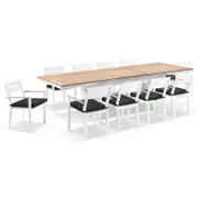 Austin Outdoor 2.2m - 3m Extension Teak Timber and Aluminium Table with 10 Capri Dining Chairs White - Denim Grey