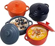 Jucoan 4 Pack Porcelain Ramekins with Lid, 8 oz Small Cocotte Casserole Dishes with Lids and Handles, Individual Servings Souffle Creme Brulee Dishes for Baking, Oven Safe, 4 Colors