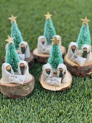 Christmas Nativity Set Handmade Wooden Beads Wood Slice Bottle Brush Tree