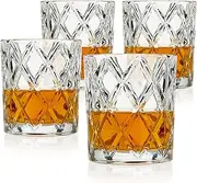 [TRUE] Diamond Crystal Scotch Bourbon Whiskey Glasses, Old Fashioned Glasses Drinking Set, Whiskey Tumblers, Premium Bar Glassware Set of 4, 11 oz