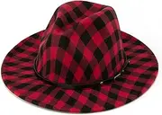 [INOGIH] Buffalo-Plaid Red-Black Classic Fedora Hat for Women and Men,Wide Brim Panama Hat Jazz Cap Chrismas Hat