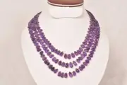 A+ Purple Amethyst Smooth Teardrop Gemstone Beads 3 Strands Layered Necklace 18"