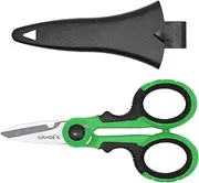 SAMSFX Fishing Heavy Duty Anti-Slip Serrated Edge Scissors Saltwater Freshwater Braid Scissors Braided Line Cutter with Plastic Belt Case Sheath Kit (Common Finger Hole, Black & Green Handle)