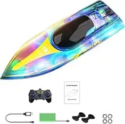GUYOS 2.4GHz Remote Control Boat with LED Lights Electric Boat Outdoor Pools Lakes Boat with Night Light Water Sensor Switch Low-Battery Reminder for Child Adults Gifts