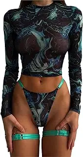 [ZGMYC] Women's 4 Piece Sexy Mesh Lingerie Set with Garter Belt Long Sleeve Crop Tops Bra and Panty Tie Dye Festival Outfit