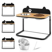 Costway Bamboo Elevated Dog Feeder Adjustable Raised Puppy Bowls Stand Pet Feeder w/2 Detachable Bowl
