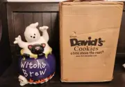 David's Cookies Witch's Brew Cookie Jar Ghost Black Cat Cauldron in Box