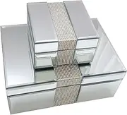 [Generic] Silver Mirrored Glass Crystal Jewellery Storage Chest Box Women Trinket Drawers Makeup Container Dresser Middle Bling Diamond Organiser For Gift Silver Large Keepsake Girls Luxurious - Bling Mirrored