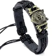 [Longcreek] Wolf Bracelet for Men and Boys - Punk, Norse Viking Bangle, Adjustable Braided Cuff, Head Wristband - Animal Jewelry Gifts