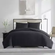 VERA WANG Waffle Pique Duvet Cover Set 3-Piece King-Size Black Dobby Cotton