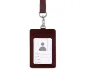 Leather Id Badge Holder With Lanyard, Vertical Id Card Holder For Men Women With Id Window, 11*7.2Cm,Brown
