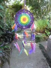 Bali Dream Catcher Rainbow Coloured-Crochet 17cm web-hangs approx: 50cm (19.5")