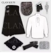 Scottish Handmade Solid Black 8-yard Tartan Kilt with Accessories For Men