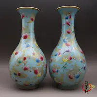 在飛比找樂天市場購物網優惠-古玩收藏 清乾隆 粉彩描金瓜藤 花瓶一對 古玩古董陶瓷器擺件