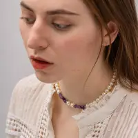 在飛比找Yahoo!奇摩拍賣優惠-INS時尚項鏈  8k金不銹鋼玻璃珍珠天然紫水晶項鏈