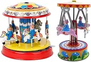 simhoa 2pcs Vintage Style Wind Up Carousel Clockwork Tin Toy Decor Party Favour