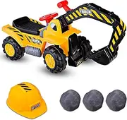 HONEY JOY Kids Ride On Excavator, Outdoor Digger Scooper Pulling Cart W/Safety Helmet Horn Underneath Storage, Children Pretend Play Truck Toy (Yellow)