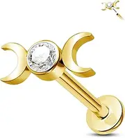 [Jewseen] 16G Double Moon Cartilage Earring Surgical Steel Push in Flat Back Stud Earring Cubic Zirconia Helix Tragus Conch Piercing Jewelry Black Gold Nose Lip Labret Stud for Women Men