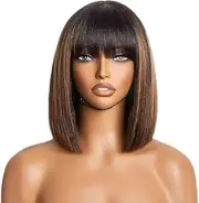 Short Brown Bob Bob Wig, Brown Bobo Bob Wig with Bangs Natural Hair Look Synthetic Heat Resistant Wig for Daily Party (Chestnut brown, 10 inch)