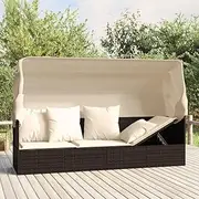 Outdoor Lounge Bed with Roof and Cushions Brown Poly Rattan,Sun Loungers-319567
