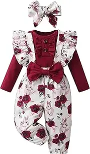 [Joureker] Infant Baby Girl Clothes Solid Tops + Flower Print Suspender Pants with Bow 3Pcs Outfit Set