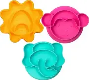 Bentology Silicone Plates w Sections- 3 Pack Animal Set- Gift for Parents & Kids