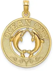 [JewelryWeb] 14ct Gold Ocean City Round Frame With Dolphins In Center Charm Pendant Necklace 19.1x19.1mm Wide 2.6mm Thick