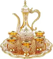 Turkish Tea Set with Pot Tray and 6 Cups Vintage Turkish Coffee Set Alloy Moroccan Tea Easy to Clean Cups for Home Wedding Decoration, Moroccan