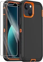 [Annymall] for iPhone 13 Case with 2 Screen Protector,Shockproof Drop Protection Full Body Heavy Duty 3 Layer Military Rugged Durable Phone Cover for Apple iPhone 13 6.1" (Black Orange)