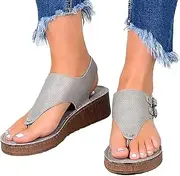[XBCDX] Womens Flats Sandals Flip Flops Thongs Faux Leather Open Toe Buckle Design Ankle Strap Wedge Sandals Clip Toe Retro Fashion Platform Beach Walking Shoes,Gray,US10/EU41