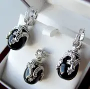 SUPERB ENAMEL EGG PENDANT & EARRINGS SET STERLING 925 GENUINE ONYX