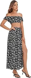 [Floerns] Women's Two Piece Outfit Floral Crop Top and Split Long Skirt Set Black Floral XL