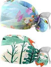 [YTYVAGT] 2-Pc,Nurse Scrub Caps,Scrub Hats with Buttons and Cotton Sweatband,Butterflies Flower Garden
