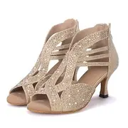 Women's Rhinestone Embellished Open-Toe Dance Shoes - Sparkly Performance Heels for Ballroom and Latin Dance