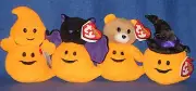 TY 2012 HALLOWEENIE BEANIE SET of 4 - MINT - GRIZZLY, GHOULY, BATTY & WITCHY