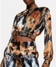 NWT Topshop Tie Dye Print Velour Cropped Sweatshirt Black/Brown/White Size 6