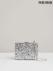 Reiss Silver Greta Glitter Box Clutch Bag (E92563) | $240