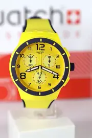 NEW Swiss Swatch Chrono SOLLEORE Yellow And Navy Date Sports Men's Watch SUSJ401