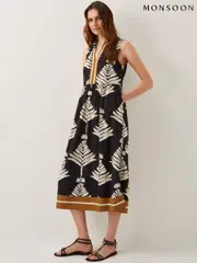 Monsoon Black Pamela Sleeveless Leaf Print Midi Dress (F83266) | $185
