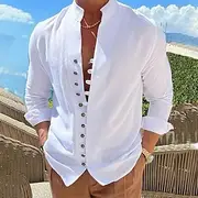 Men's Shirt Linen Shirt Summer Shirt Elegant Button Up Shirt Casual Shirt Black White Pink Blue Long Sleeve Plain Band Collar Summer Spring Fall Daily Vacati