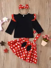 3 pc Girls Polka Dot Micky Mouse Outfit Skirt W Ears Shirt W Ruffles Bow NEW 4/5