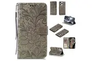 For iPhone 12 Pro Max Case, Lace Flower Folio PU Leather Case, Card Slots, Wallet, Grey