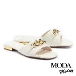 拖鞋 MODA MODAY 華麗質感鍊條牛皮方頭低跟拖鞋－白